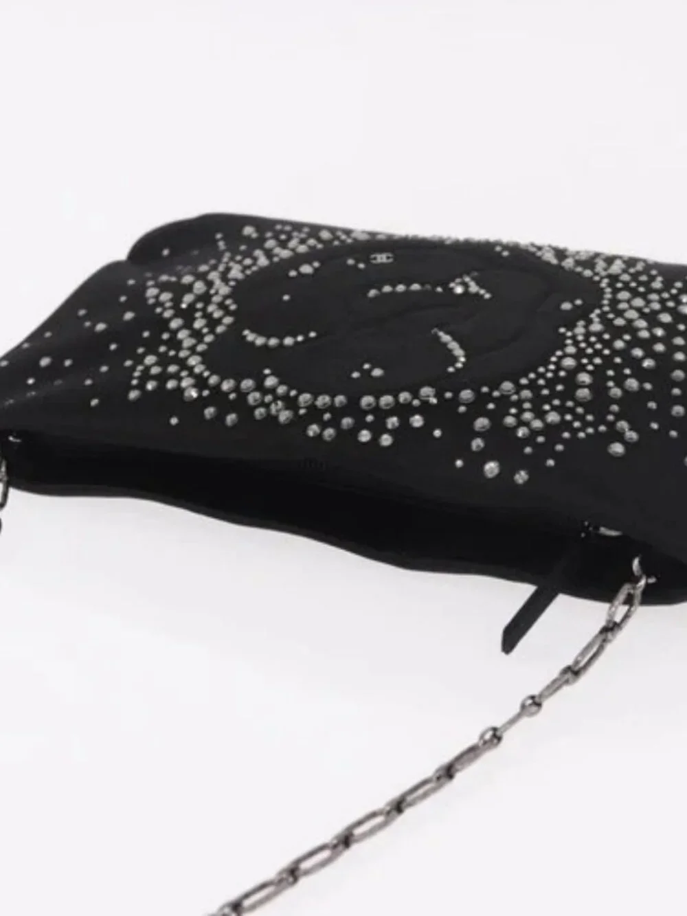 CHANEL Camelia Chain Shoulder Bag Satin Black Silver CC Auth 184869SM